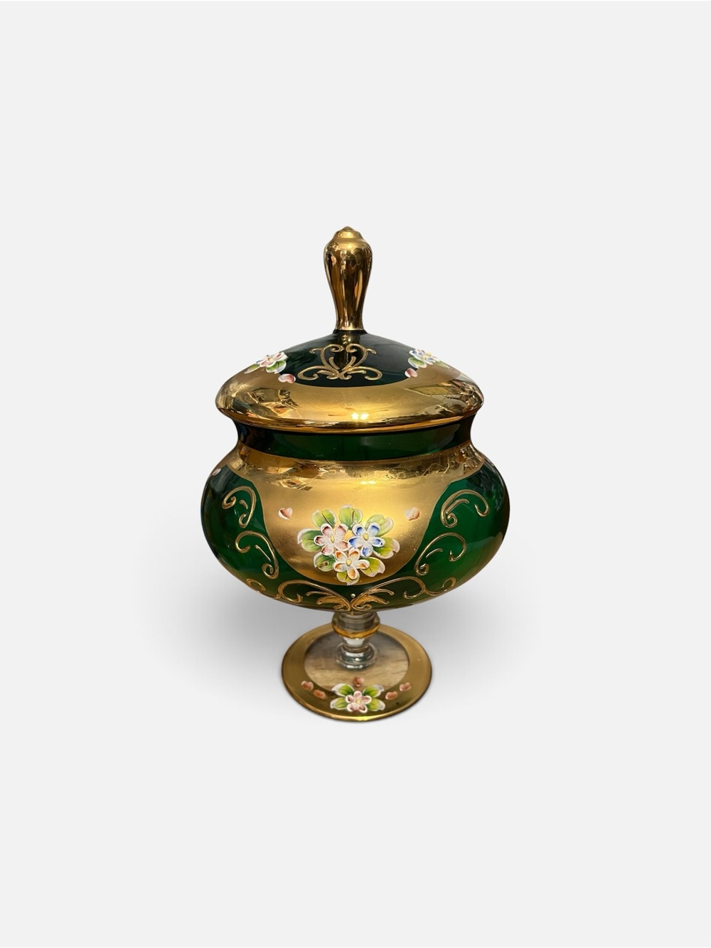 Hand-Painted Green and Gold Glass Lidded Urn